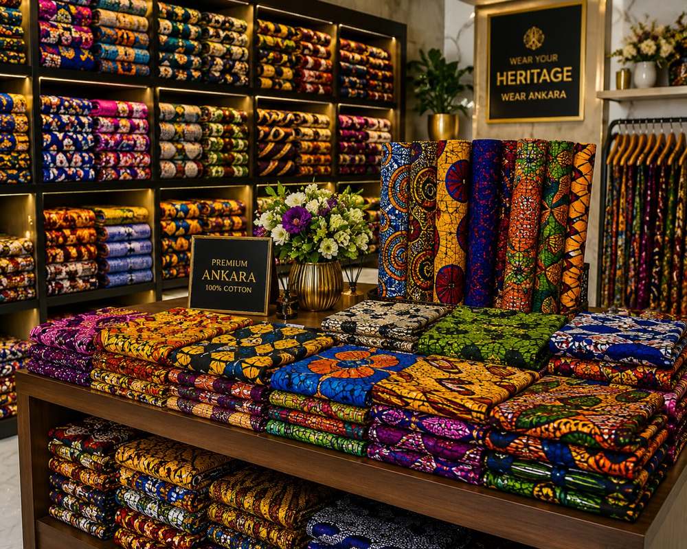 Rolls and folded stacks of premium Ankara fabric on display